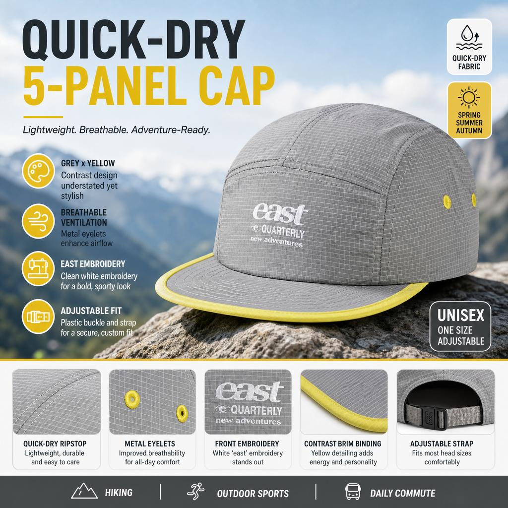 Unisex 5-Panel Cap Quick-Dry Adjustable Hat for Outdoor Commute
