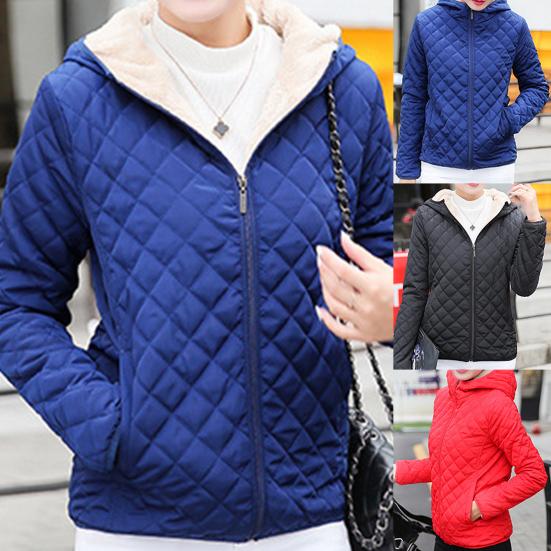 Women Autumn Winter Check Pockets Parka Jacket Plush Liner Hooded Outerwear Coat