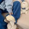Women High Waist Blue Fleece Lined Wide Leg Casual Pants Thick Warm Loose Trousers