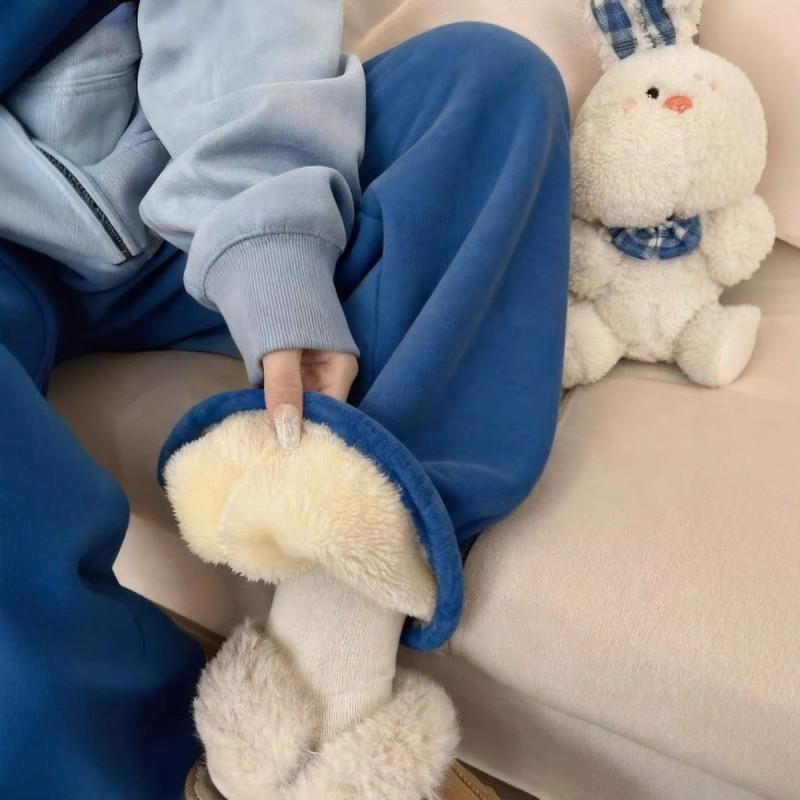 Women High Waist Blue Fleece Lined Wide Leg Casual Pants Thick Warm Loose Trousers