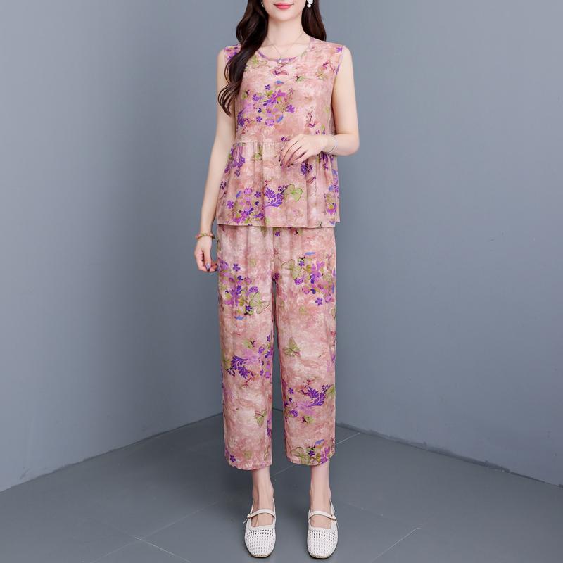 Plus Size Elegant 2 Piece Sets Women Summer Clothes Vintage Loose Print Pants Sets