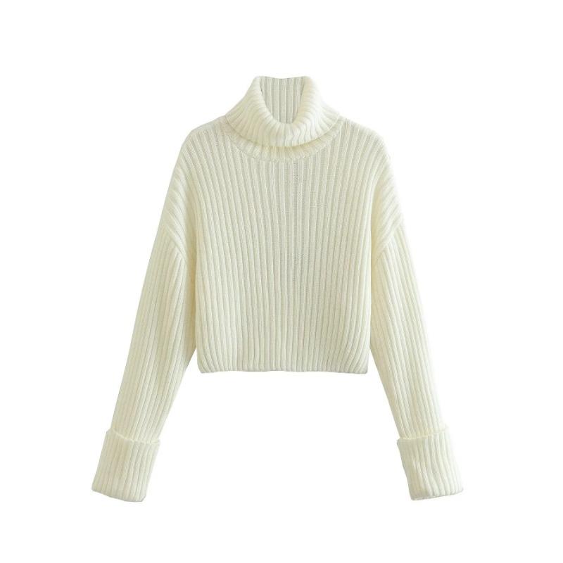 High Neck Sweater Women's Fall Women's Solid Color Striped Short Section Flare Sleeve Knit Sweater Women Jacket Comfortable and Versatile