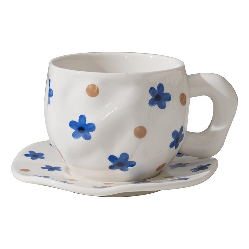 Keramik-Kaffeebecher und Untertassen, handgeformt, handbemalt, unregelmäßige Tassen und Untertassen, hochwertige Frühstückstassen
