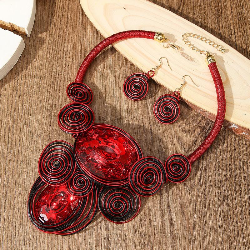 New Design Trendy Crystal Gem Aluminum Wire Handmade Woven Statement Necklace And Earring Set For Women's Banquet Accessories
