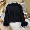 Spring and Autumn New Ostrich Feather Long Sleeve Sweater Fashion Temperament V-Neck Skinny Black Knitted Sweater Cardigan