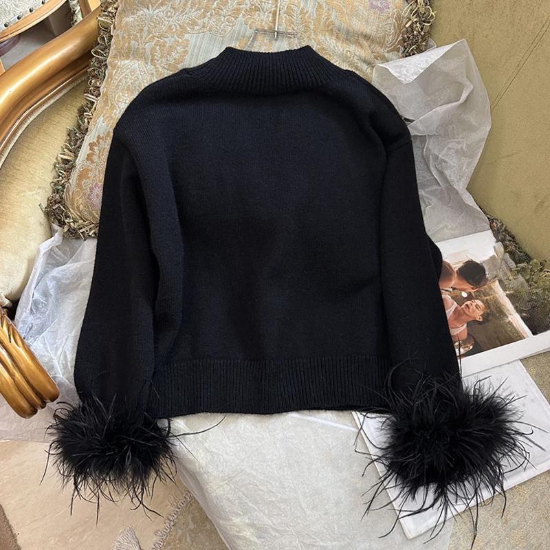 Spring and Autumn New Ostrich Feather Long Sleeve Sweater Fashion Temperament V-Neck Skinny Black Knitted Sweater Cardigan