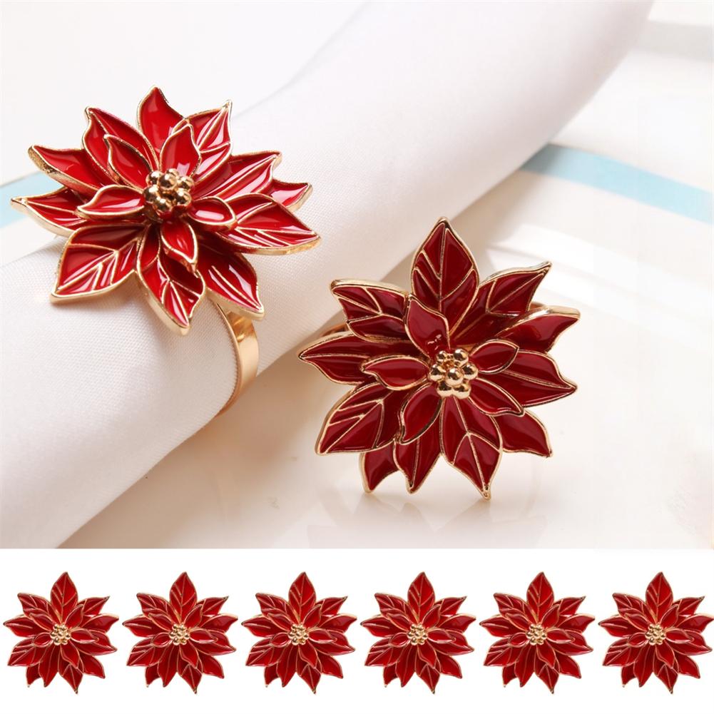 6pcs Christmas Flowers Napkin Rings Alloy Table Decoration Holders For Holiday Wedding Anniversary Dinner