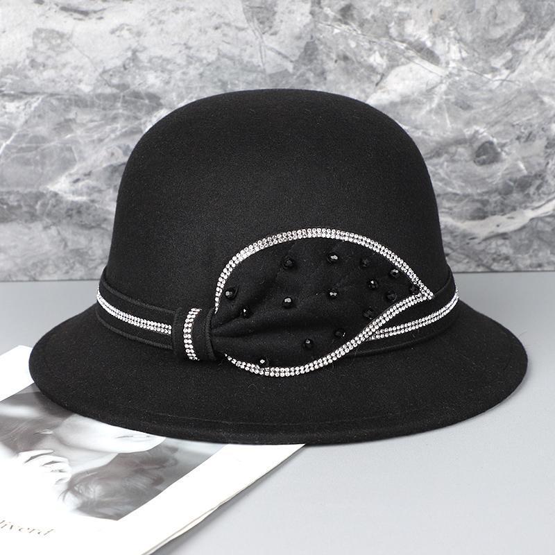 Casual Dome Short Brim Basin Hat Women's Diamond Bucket Hat Autumn and Winter Woolen Top Hat Women's British Style
