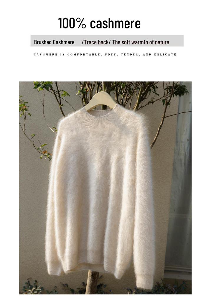 Women's 100% Pure Cashmere Brushed Long Sleeve Turtleneck Pullover Sweater - Loose Fit and Versatile