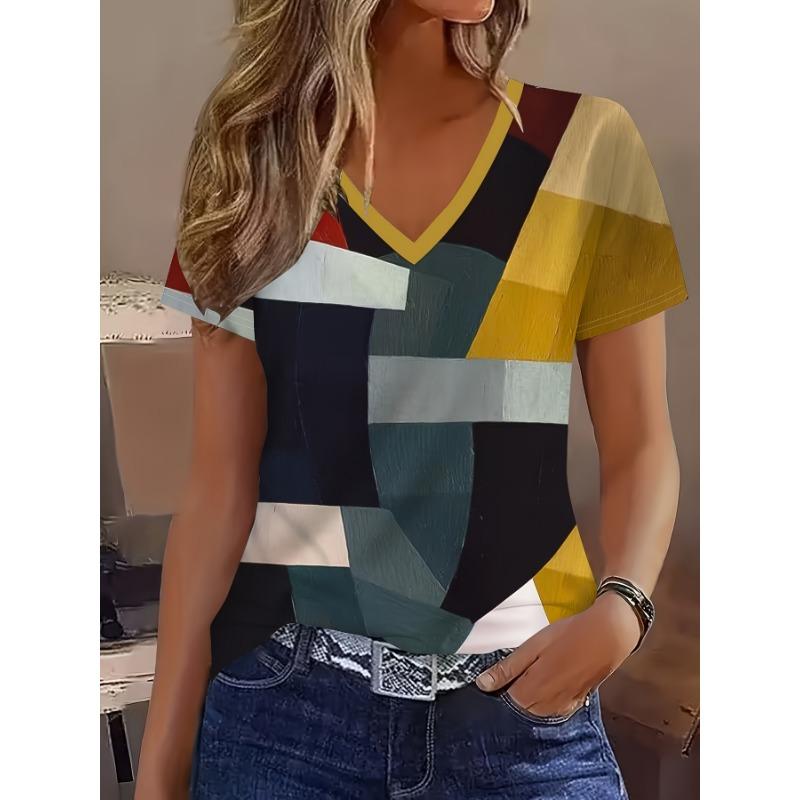 Женская летняя мода Женская повседневная футболка с V-образным вырезом и коротким рукавом S