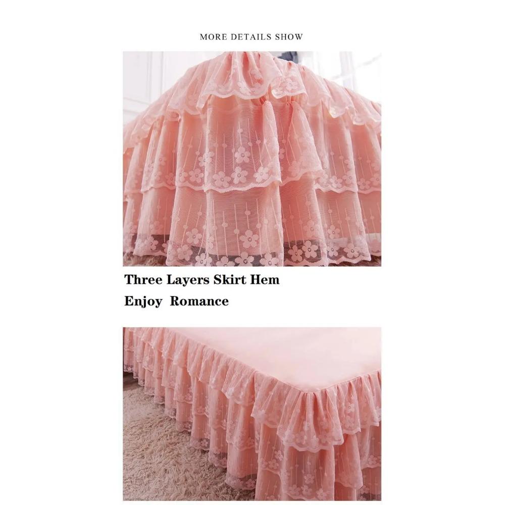 3pcs Set European Romance Lace Bed Skirt Soft Brushed Fabric Bedspread Princess King Queen Size 1pc Bed Skirt +2pccs Pillowcase