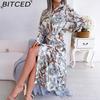 BITCED Women's Retro Floral Collar Long Sleeve Shirt Dress for Spring Summer