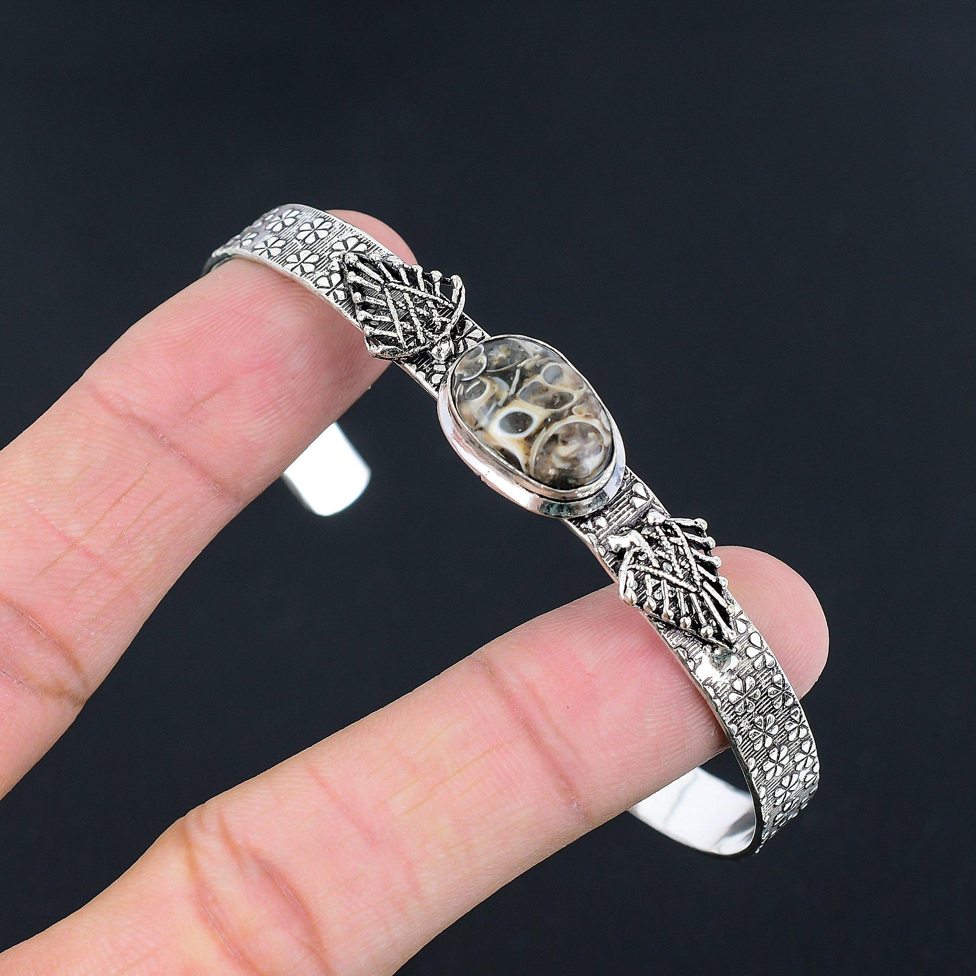 

Sisters Day Sale Natural Turritella Agate 925 Silver Boho Mother Wedding Bangle Adjustable