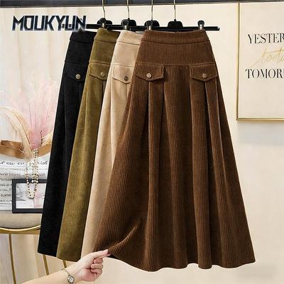 Saia Feminina Longa de Veludo Cotelê Elástico de Cintura Alta para o Inverno Moda Coreana Solta Linha A Elástica Cor Sólida