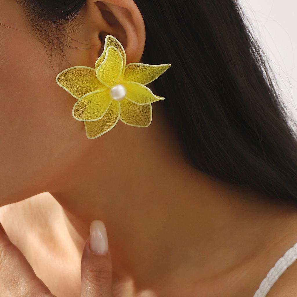 Summer Casual Vacation Sweet Double Layer Mesh 3D Flower Stud Earrings Fresh All Match Women Ear Jewelry Fashion New