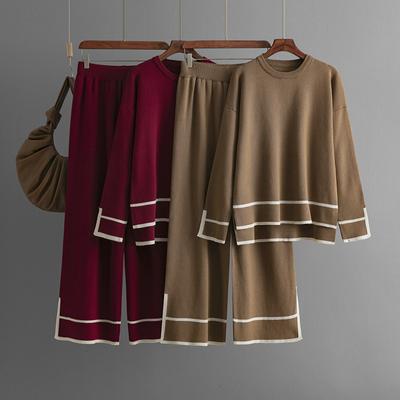 Zimowe Wielokolorowe Zestawy Oversize Luźny Sweter Rozcięty+Jednolite Szerokie Długie Spodnie Jesienna Moda Codzienne Damskie Zestawy 2-częściowe