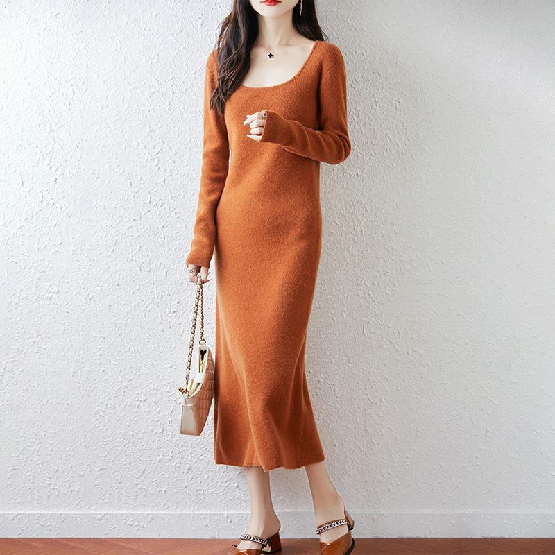 Women Sweater Dress 100% Wool MODERN NEW SAGA U-neck Knit Long Pullover Winter Jumpers Wool Long Dress Female