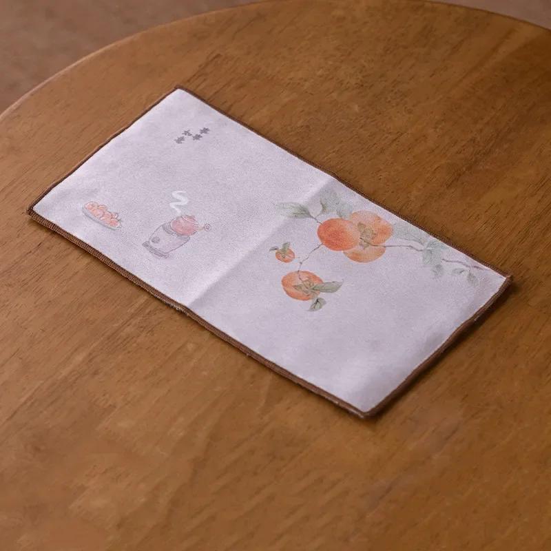 Chinese Flower Pattern Tea Towel Plush Absorbent Water Rag Tea Napkins Coaster Imitation Deerskin Towel Tea Set Accessories