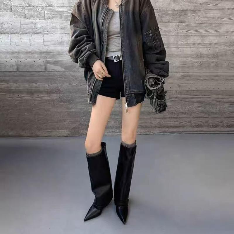 Women's Belt Buckle Tall Boots Autumn New Pointed Toe Sleeve Soft Slip Stiletto Shoes