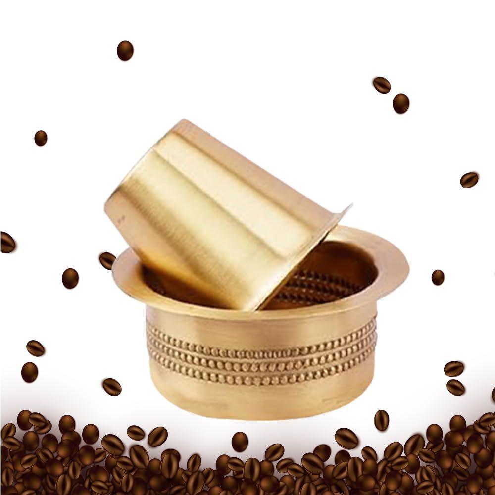 Indian Brass Coffee Cup Dawara Dabara Tumbler for Serving Filter Coffee, Tea Traditional Kumbakonam Brass Dabara - Dotted | Matt - 150ml (Set of 6)