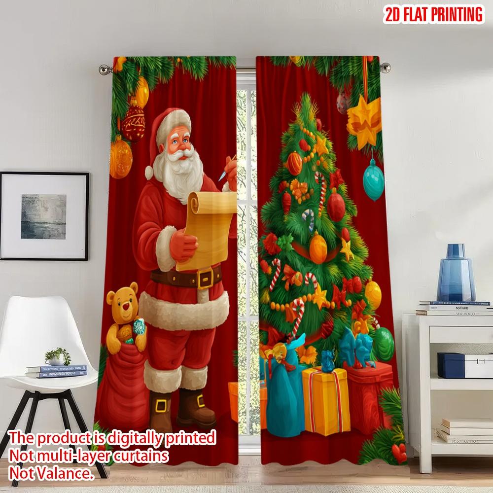 

Set Of 2 Flat Printing Happy Christmas Fashion Curtains Santa Claus Gift Tree Digital Printed Polyester Drapes Festive Curtain Made W100*H70(CM)-Grommet top&1PCS