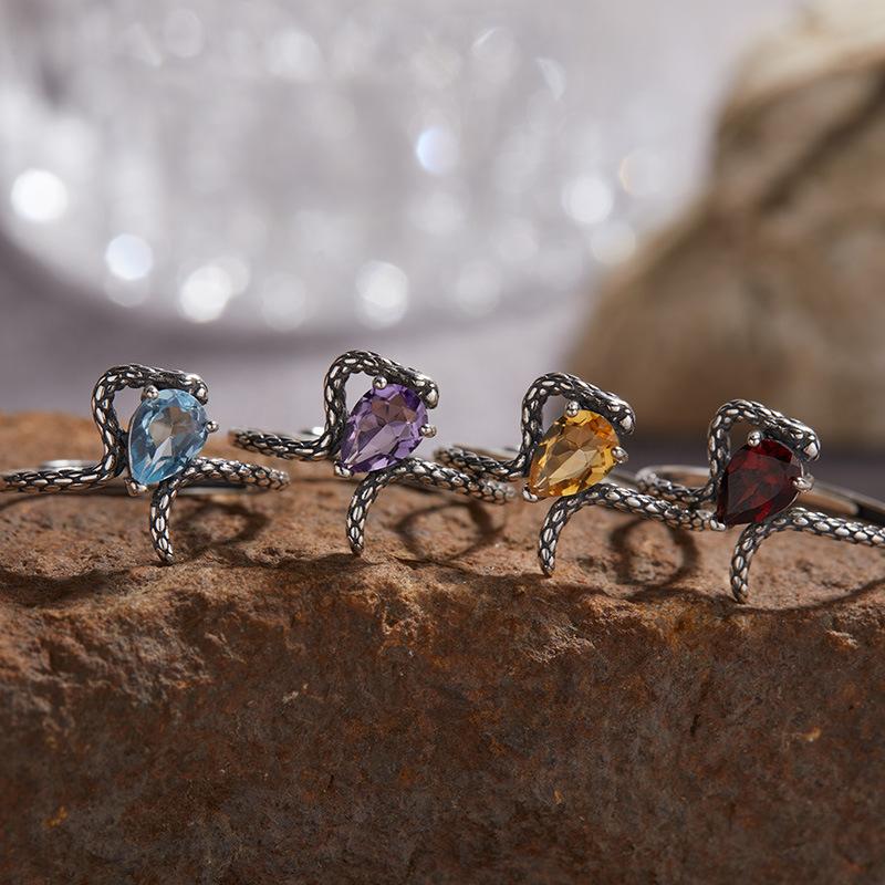 S925 Natural Colored Treasure Retro Thai Silver Ring, Male And Female Couples Ring, Spirit Snake Index Finger Ring, Niche Light Luxury Does Not Fade