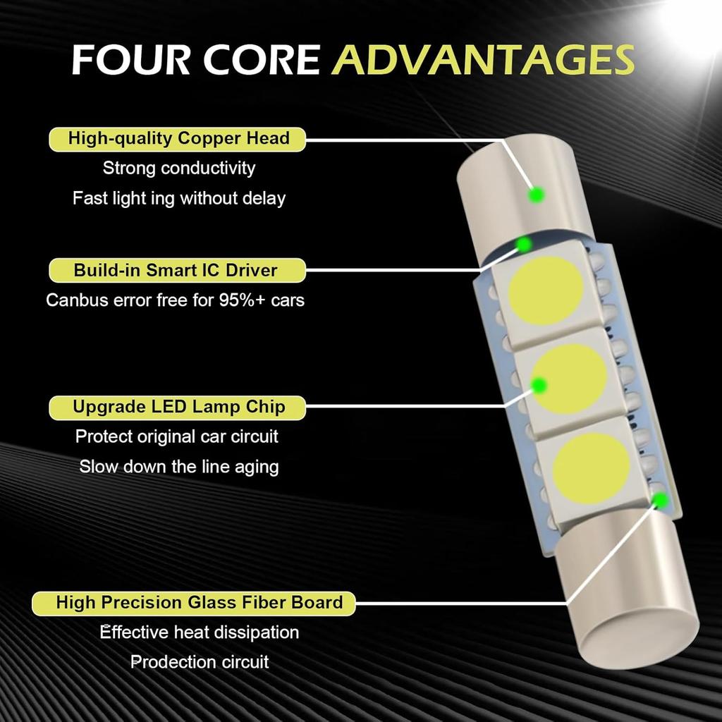 10 PCS Car T6 Vanity Mirror Sun Visor LED Light, 5050-3SMD 12V Flat Head Dual Tip 180 Degree Lighting Reading Lamp, Plug and Play Interior Lighting