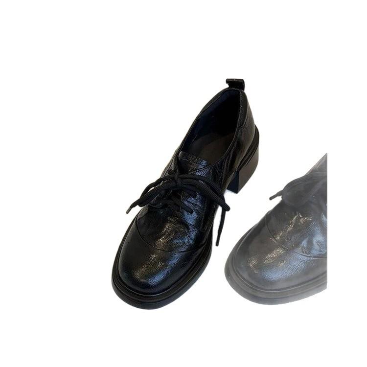 Retro platform loafers women's 2025 autumn new British style pleated lace-up thick heel small leather shoes versatile single shoes
