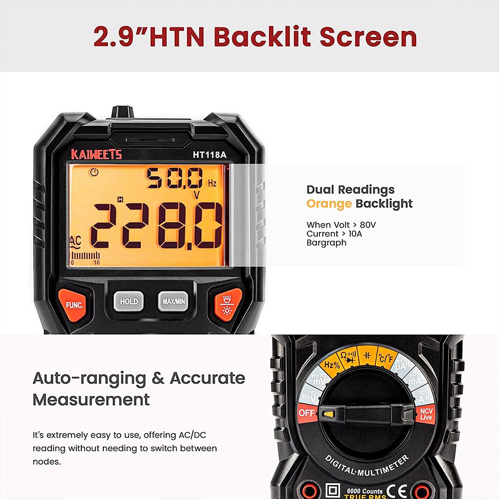 Multimetru Digital KAIWEETS TRMS ,6000 Numărări, Voltmetru, Domeniu Automat, Măsoară Cu Precizie Tensiune Curent Amperaj rezistenț