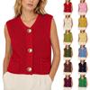 Women's V-Neck Sleeveless Knit Vest with Pockets Three-Button Cardigan