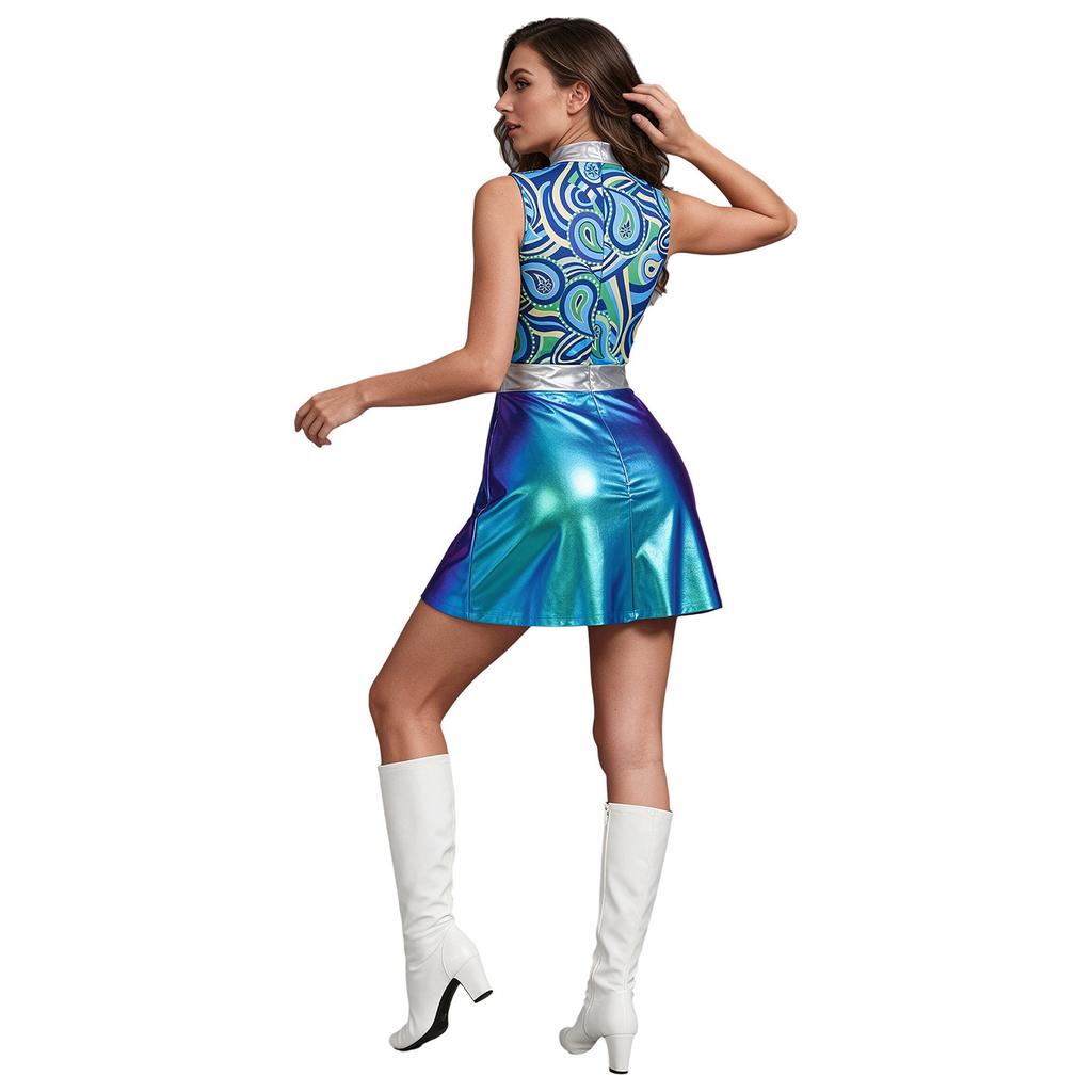 Womens Disco Sleeveless Back Invisible Zipper Printed Bodice Side Slit Metallic Dress