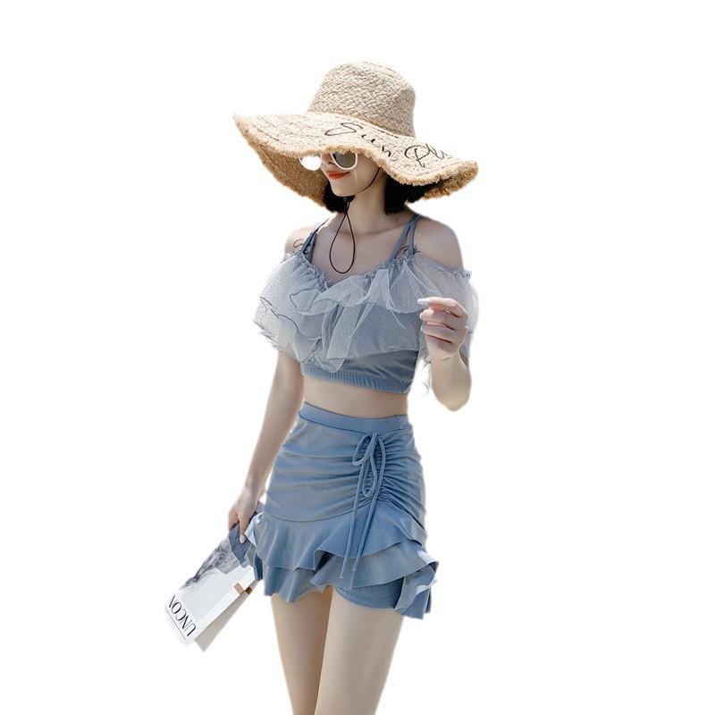 Women's Two-Piece Slimming Swimsuit with Flat-Leg Skirt and Small Chest Support