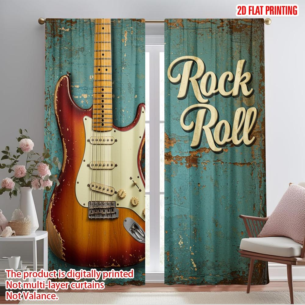 

2pcs 2D flat printing Curtains Vintage Guitar Rock Roll Fabric Without Electricity 0 for Yard & Garden No Power Needed 52.50×116.00 CM 2pcs