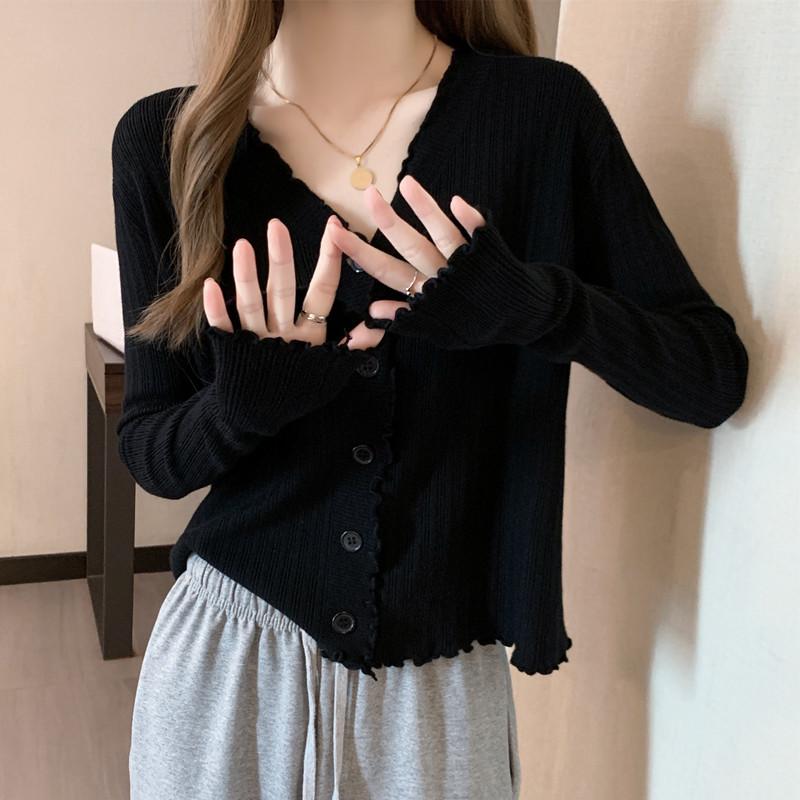 Plus Size Women's Ruffle V-Neck Cardigan Top - Long Sleeve, Slimming, Autumn Fashion