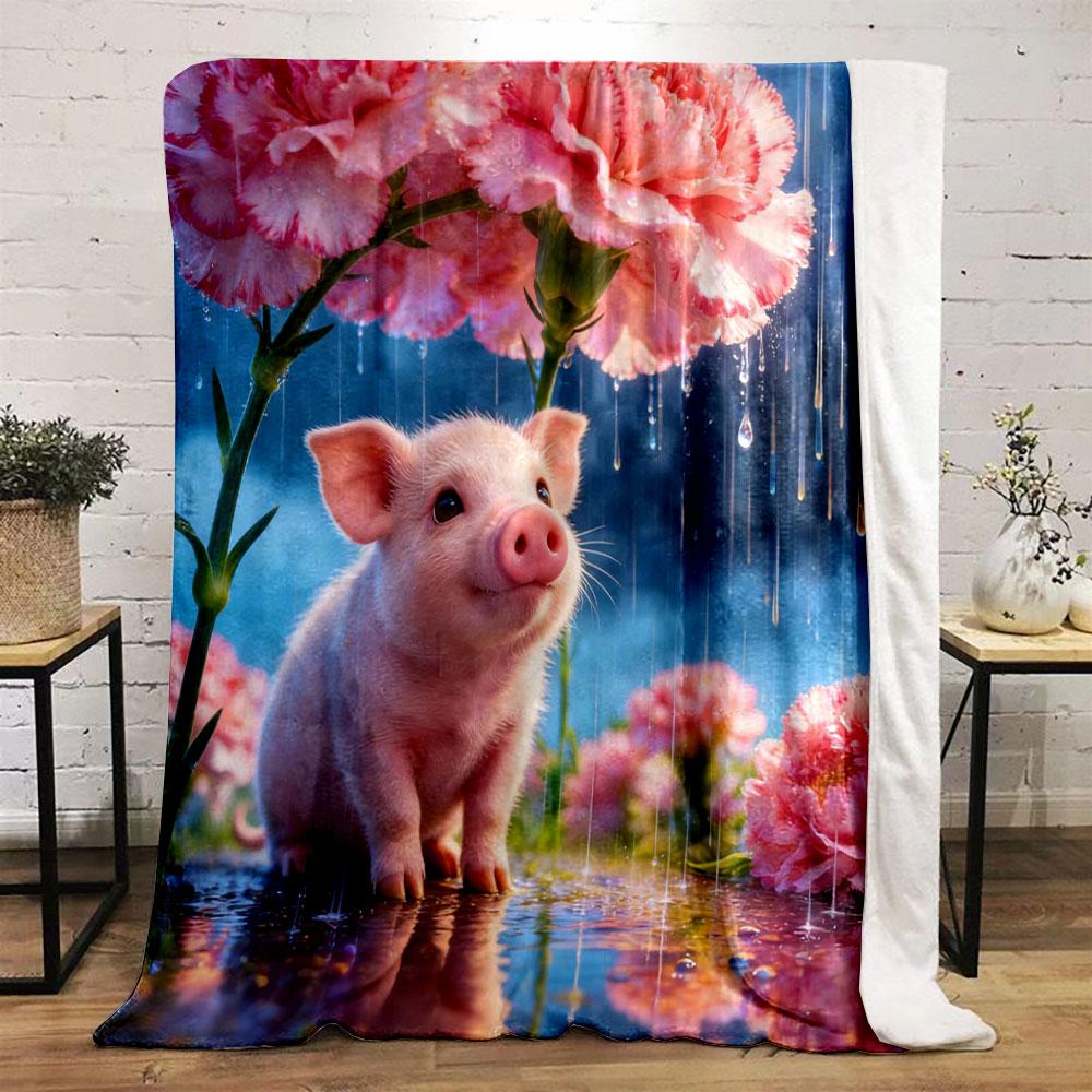 1PC Animals Under The Flowers on A Rainy Day Printed Blanket, All-Season Multi-Use for Nap Camping Travel Car Sofa Luxury Gifts