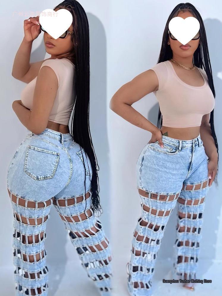 European & American Women's High-Waisted Ripped Jeans - New Street Fashion Hollow Straight-Leg Pants