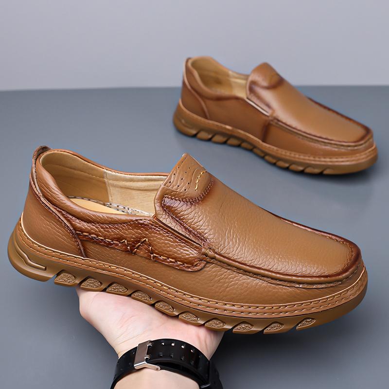 2026 New Men Trendy Cow Leather Shoes, Hand Stitched Slip-On Casual Loafers, Light Anti-slip Wear-resistant Leather Footwear