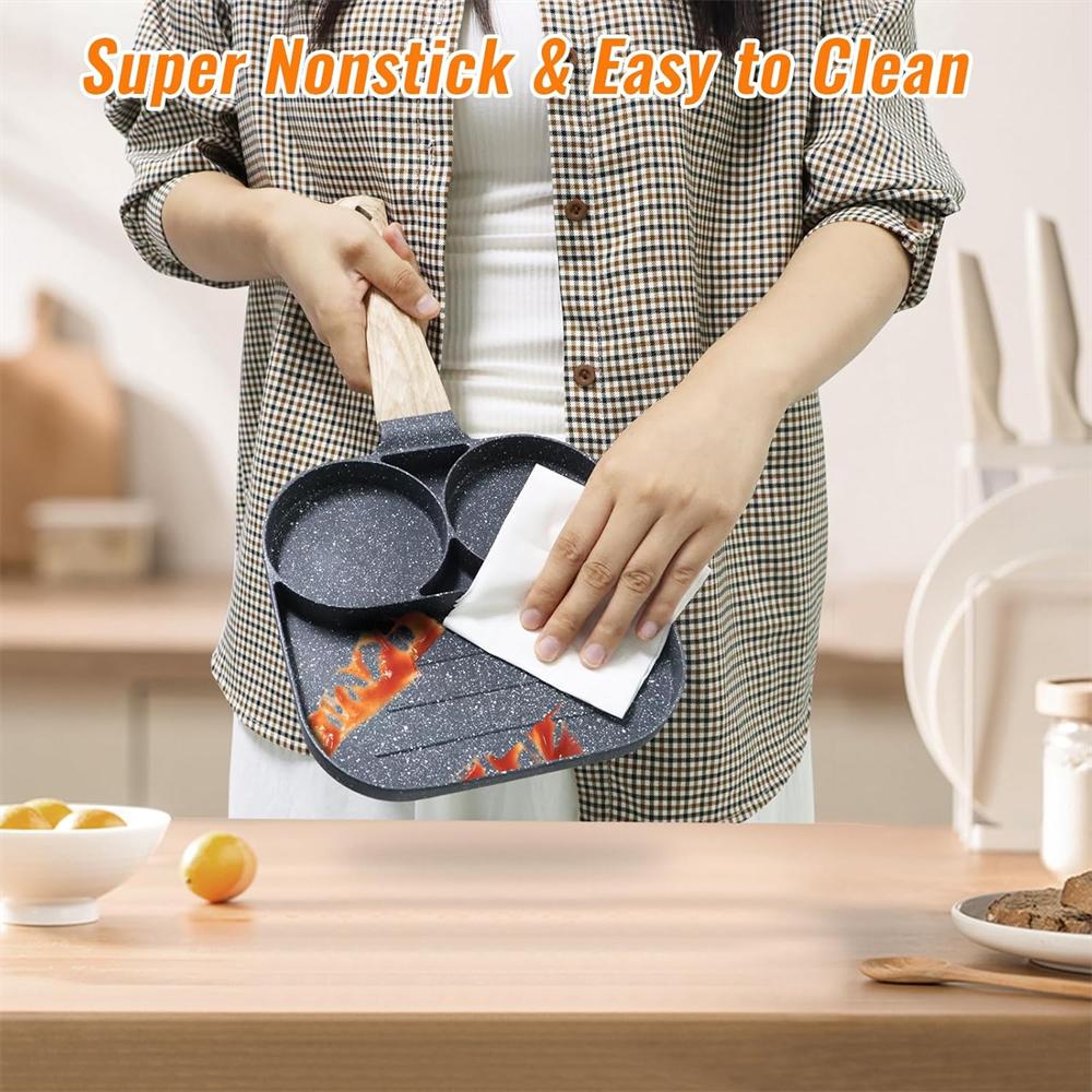 Egg Frying Pan Non-Stick Egg Pan with 2Hole Multi Aluminum Alloy Fried Egg Pan with Wooden Handle for Burger Eggs Ham