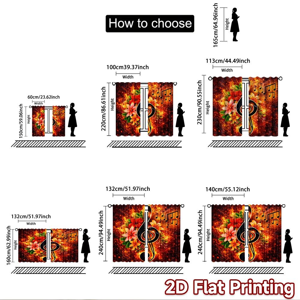 2D Flat Printing 2pcs Curtain Curtains Musical Flames and Flowers Digital Printed Polyester Drapes All Season Party & Holiday