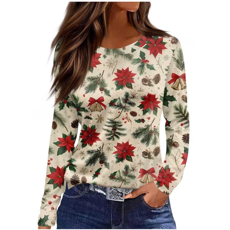 Christmas Limited Edition Women's 3D Floral Snowman Print Round Neck Long Sleeve T-shirt Fashion Casual Long Sleeve Top