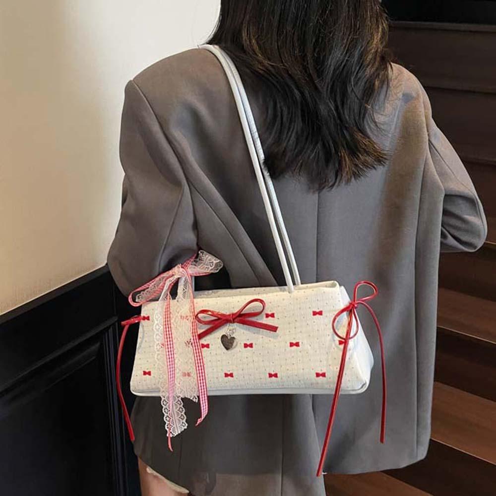 Sweet French Stick Handbag Lace Ribbon Underarm Bags Shopping Bow PU Shoulder Bag Daily