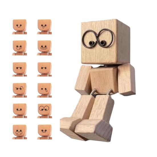 1/2 Sets Shaking Wooden Man Figurine with 12 Magnetic Expressions Handmade Shaking Feet Wooden Doll Car Dashboard Desktop Decoration