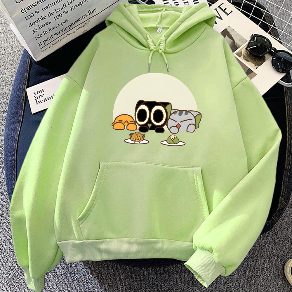 Luo Xiao Hei Cat Cartoon Printing Hoodies Winter Fleece Kawaii Printing Sweatshirts Streetwear Casual Women Comfortable Pullover