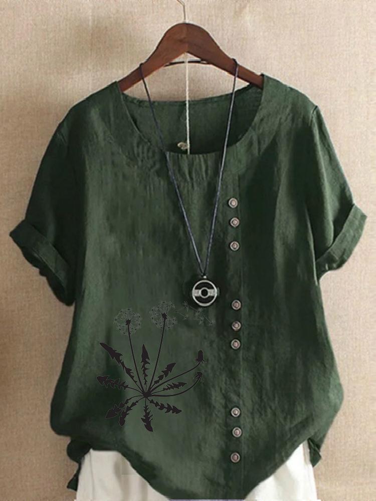 Women's Fashion Black Dandelion Print Shot Sleeve T-shirt Loose Cotton Shirt Casual Loose Summer Blouse Tops Plus Size