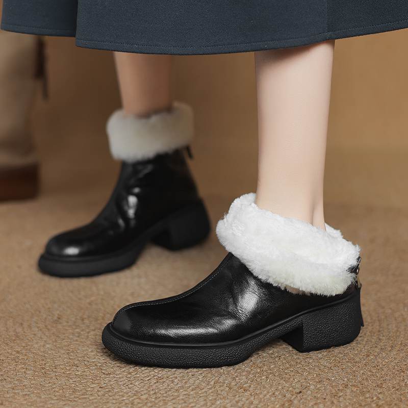 Krazing Pot Decorațiune plisată din piele de oaie Pantofi de toamnă iarnă Tocuri groase Mărimea 43 Mărimea 42 Vârf rotund Fermoar Retro Botine