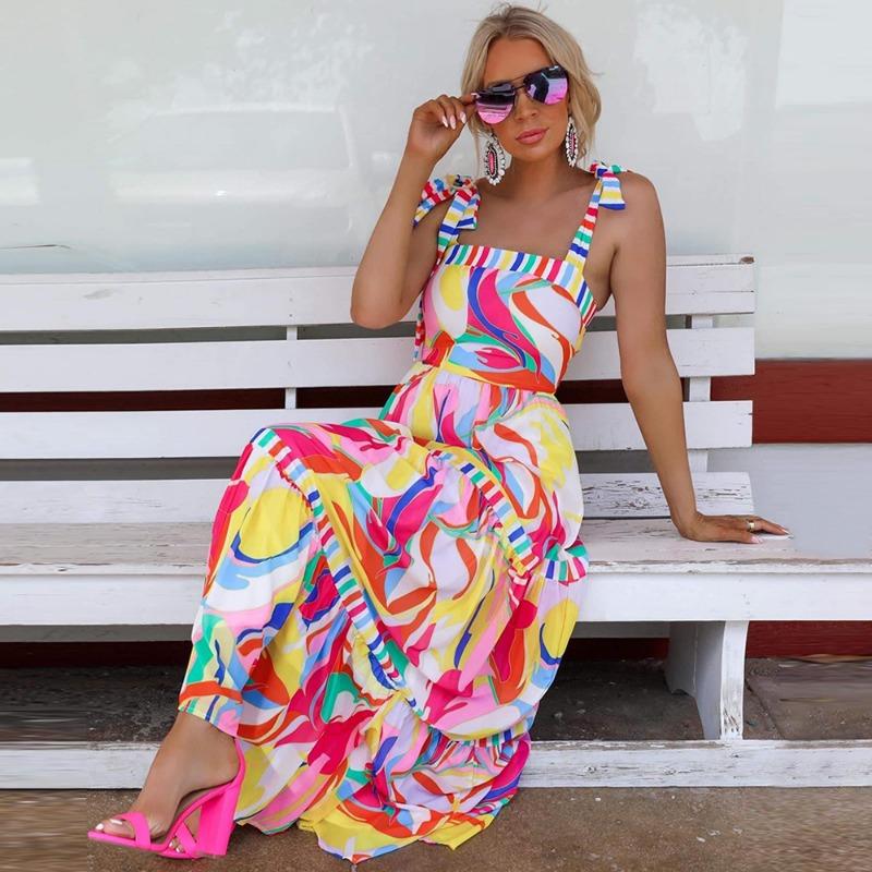 Women's Summer Vacation Print Halter Patchwork Swing Dress