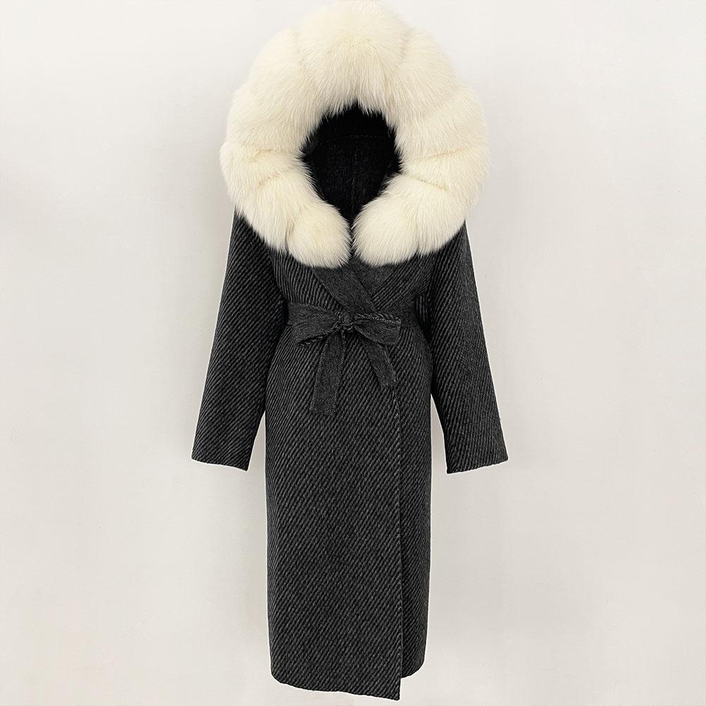 OFTBUY Winter Women Coat Real Natural Fox Fur Hooded Detachable Collar Double-faced Woolen Jacket Long Casual Elegant Overwears
