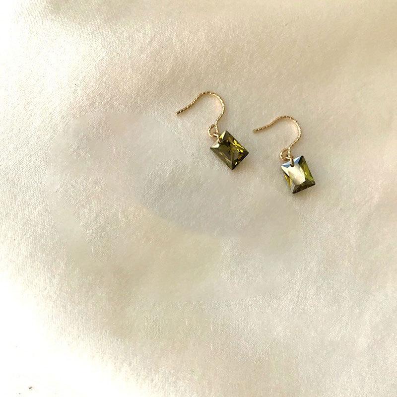 Olive Green Bare Stone Gentle Wind Earrings French Retro Hong Kong Style Ear Hook Temperament Earrings Light and Luxurious Earrings