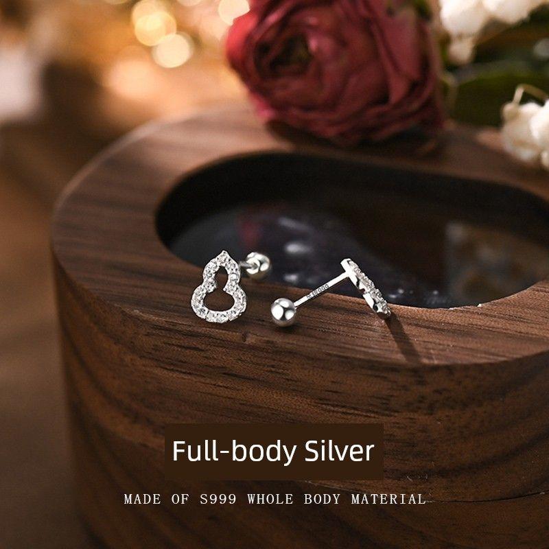 

S999 Sterling Silver Stud Earrings for Women Zircon Hollow Gourd Earrings Mini Small Otica Hole Xuanxue Wangcai Earrings Hoist screw