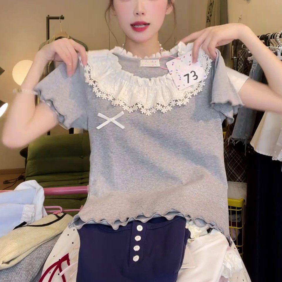 Damen Baumwollspitze Kragen Rüschen T-Shirt mit Schleife, Kurzarm, Vielseitiger Sommerstil
